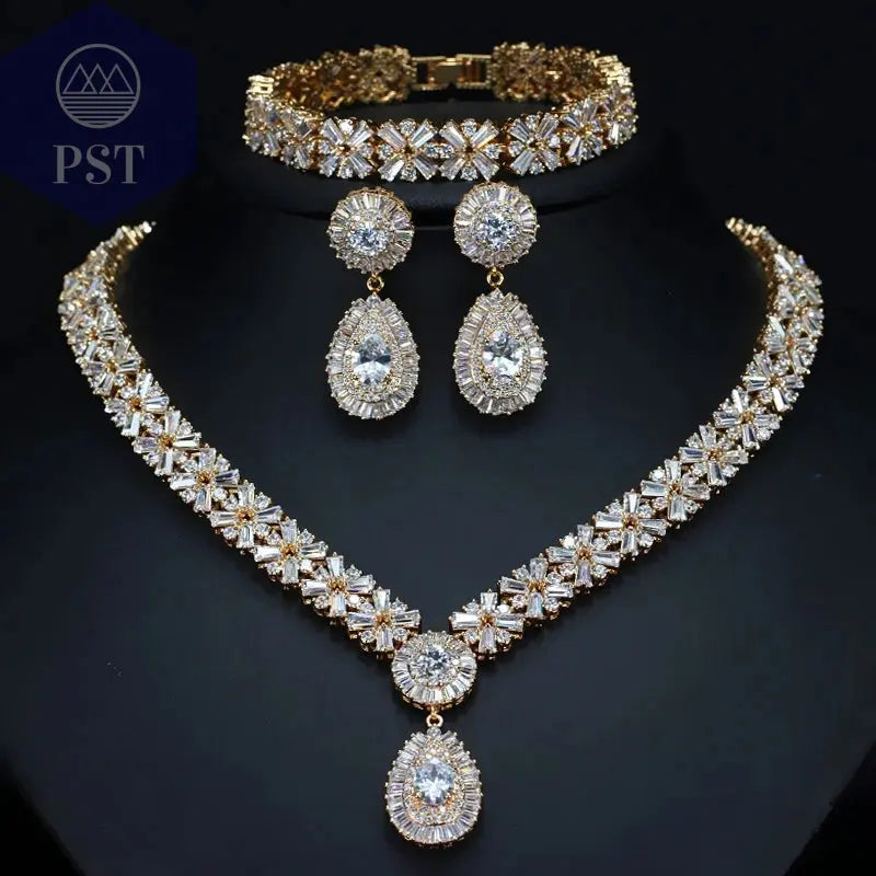 CWWZircons Exklusive Dubai Gold Plate Schmuck Luxus Zirkonia Halskette Ohrring Armband Partei Schmuck-Set für Frauen T053       PST PS Tradings