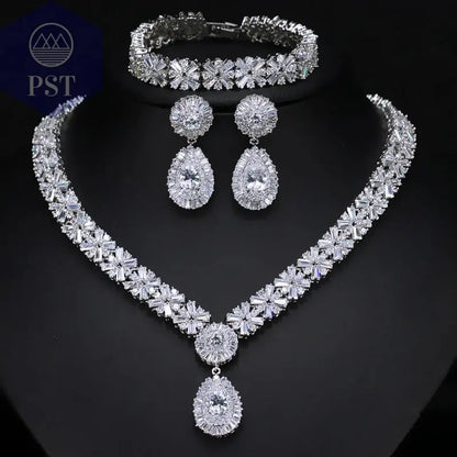 CWWZircons Exklusive Dubai Gold Plate Schmuck Luxus Zirkonia Halskette Ohrring Armband Partei Schmuck-Set für Frauen T053       PST PS Tradings