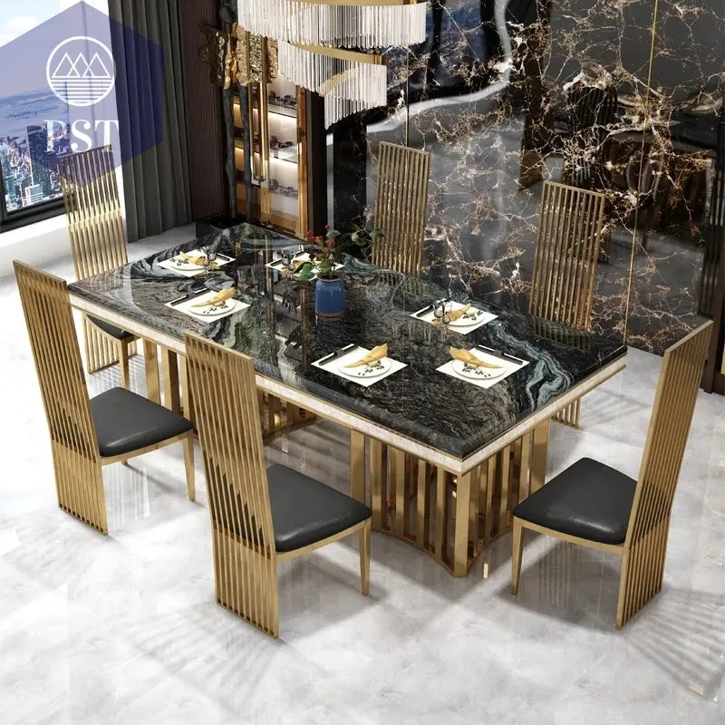 Eleganter Esstisch mit Stühlen Designer Esszimmer Marmor Style Esstisch Set PST PS Tradings Esstisch PST PS Tradings  PST PS Tradings