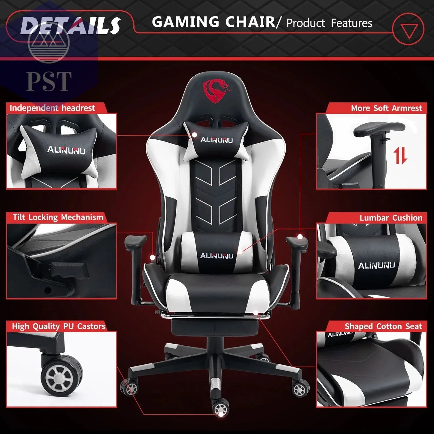 Ergonomischer Gaming Stuhl mit Fußstütze PST PS Tradings Möbel PST PS Tradings  PST PS Tradings