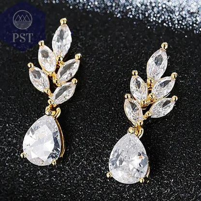 LXOEN Marquise Cut Flower Zirconia Crystal Long Drop Earrings for Women Shiny Leaf CZ Stone Bridal Wedding Jewelry       PST PS Tradings