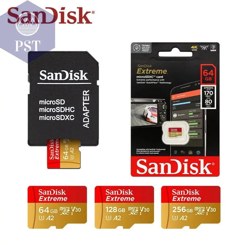Sandisk Micro SD Card Original Extreme A2 V30 U3 SDXC Flash 32GB 64GB 128GB 256GB MicroSD Card 190MB/s TF Card for Phone Tablet - PST PS Tradings
