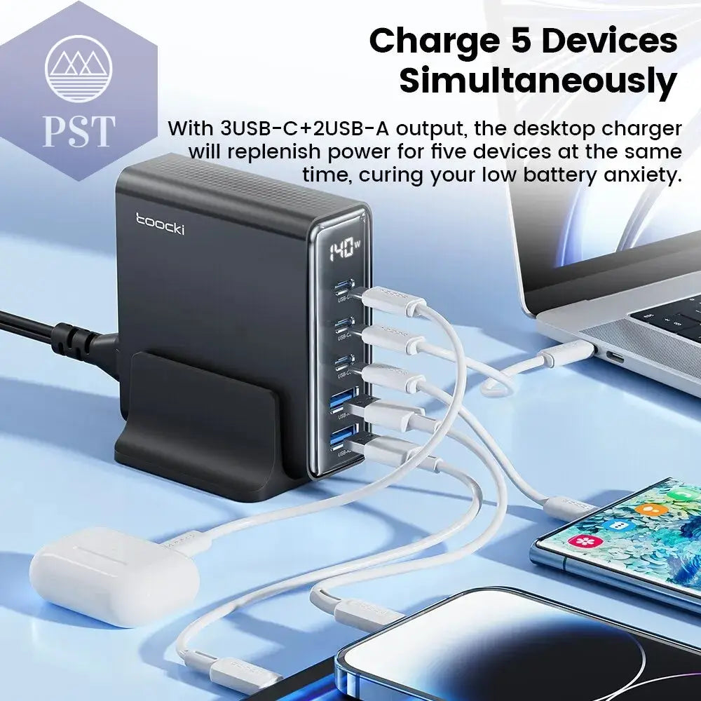 Toocki 140W GaN USB Charger 5in1 Desktop Fast Charge PST PS Tradings   Toocki 140W GaN USB Charger 5in1 Desktop Fast Charge